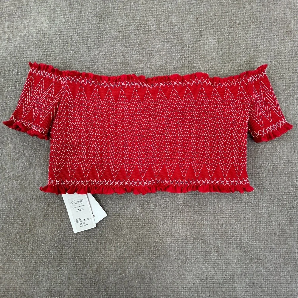 Cider Bikini Top Womens L Red Chevron Smocked‎ Stretch Ruffle Trim Off Shoulder